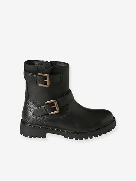 Leather Ankle Boots with Straps & Zips for Girls black - vertbaudet enfant 