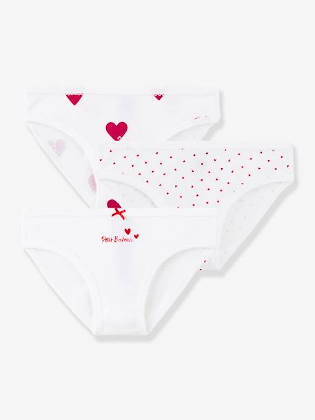Pack of 3 Cotton Briefs with Hearts, for Girls - Petit Bateau WHITE LIGHT ALL OVER PRINTED - vertbaudet enfant 