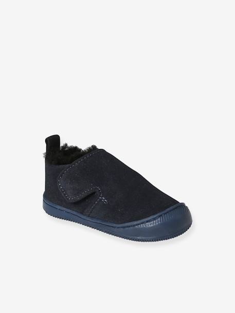 Indoor Shoes in Smooth Leather with Fur Lining & Hook-&-Loop Strap, for Babies navy blue - vertbaudet enfant 