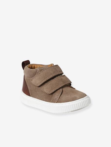 Leather Pram Boots with Touch Fasteners, for Baby Boys navy blue+taupe - vertbaudet enfant 