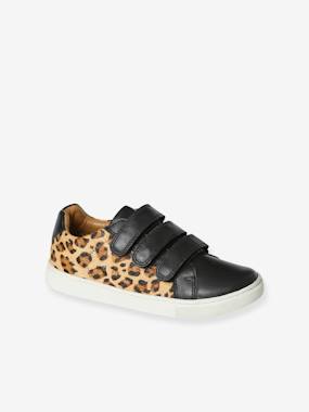 -Leather Trainers with Hook&Loop Straps, Leopard Print