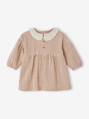 -Gingham Dress with Embroidered Collar for Babies