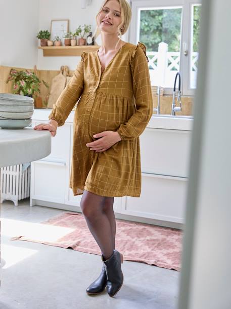 Short Dress with Iridescent Checks, Maternity & Nursing Special khaki - vertbaudet enfant 