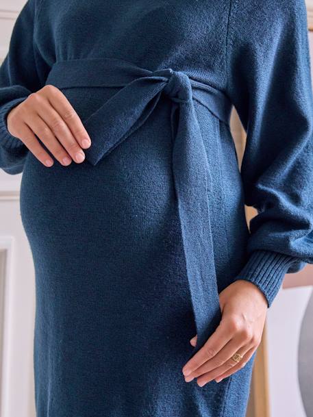 Mid-Length Jumper Dress with Belt for Maternity ocean blue - vertbaudet enfant 