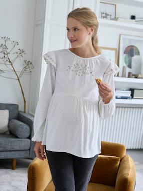 -Embroidered Blouse in Cotton Gauze & Viscose for Maternity