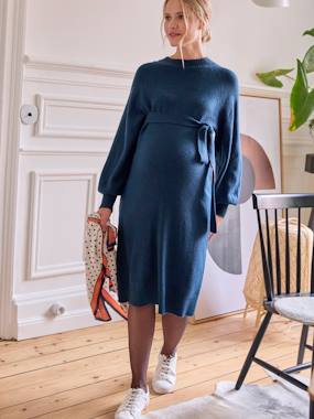 Maternity-Mid-Length Jumper Dress with Belt for Maternity