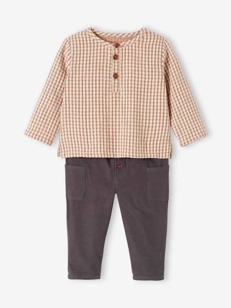 Gingham Shirt + Corduroy Trousers Outfit for Babies chequered brown - vertbaudet enfant 