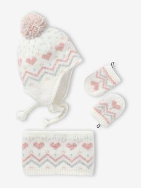 -Fluffy Jacquard Knit Beanie + Snood + Mittens Set for Baby Girls