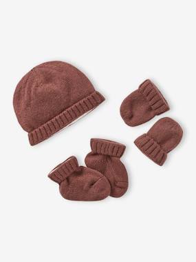 -Knitted Beanie + Mittens + Booties Set for Newborn Babies