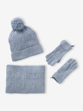 Girls-Accessories-Beanie + Snood + Mittens Set in Shimmering Cable-Knit