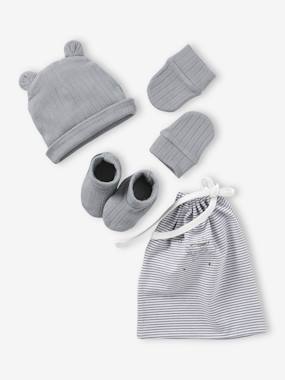 -Rib Knit Beanie + Mittens + Booties + Pouch Set for Newborn Babies