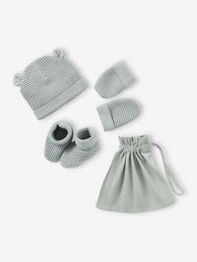 collection-Oeko-Tex-Ensemble bonnet, moufles et chaussons bébé naissance et son sac assorti