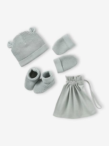 Ensemble bonnet, moufles et chaussons bébé naissance et son sac assorti bleu grisé+écru+marine - vertbaudet enfant 