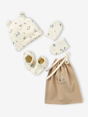 Bébé-Accessoires-Bonnet, écharpe, gants-Ensemble naissance bonnet + moufles + chaussons + pochon