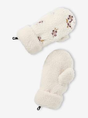 -Sherpa Mittens with Embroidered Flowers, for Girls