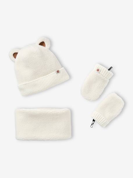Ensemble 'Bear Mood' bébé garçon bonnet + snood + moufles en sherpa écru - vertbaudet enfant 