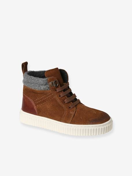 High Top Leather Trainers with Laces & Zip, for Children brown - vertbaudet enfant 