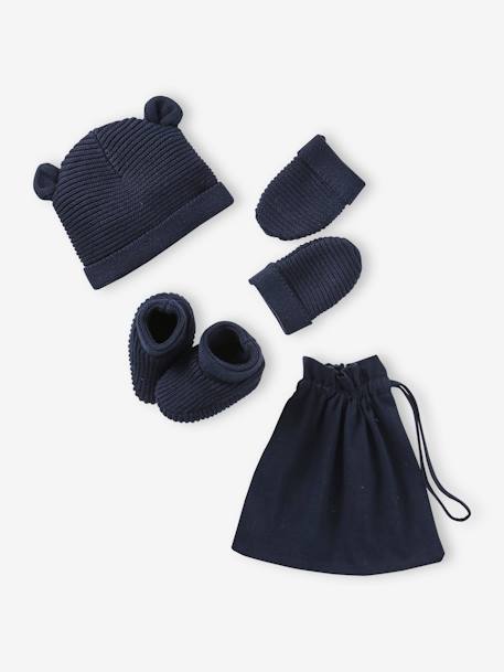 Ensemble bonnet, moufles et chaussons bébé naissance et son sac assorti bleu grisé+écru+marine+vert sauge - vertbaudet enfant 