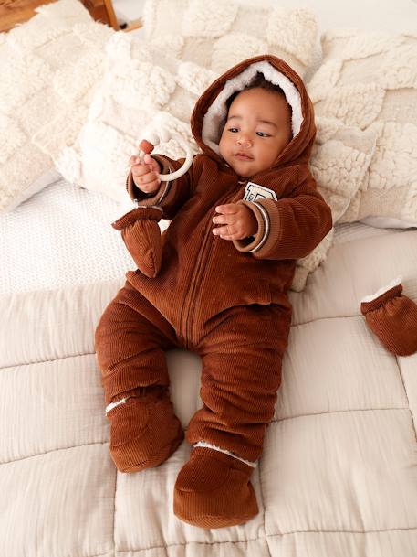 Combi-pilote en velours côtelé bébé avec pieds et moufles détachables beige - vertbaudet enfant 