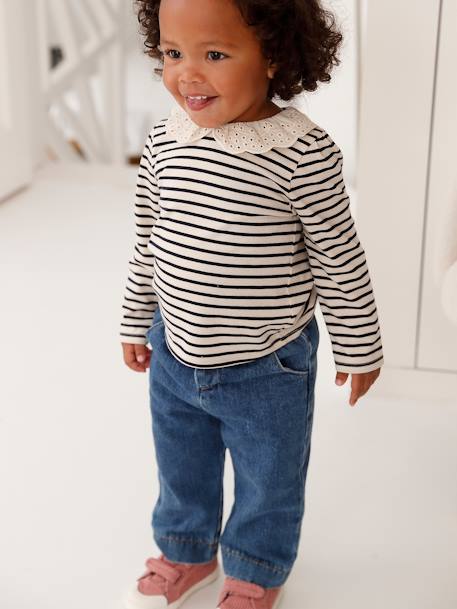 T-shirt bébé col brodé manches longues beige clair+rayé marine+rayé rouge - vertbaudet enfant 