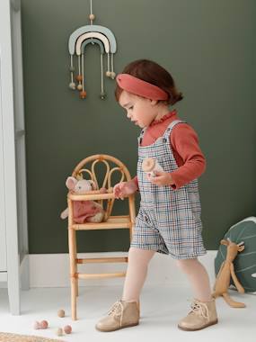 Baby-Chequered Dungaree Shorts, Rib Knit Top & Matching Headband Outfit for Babies