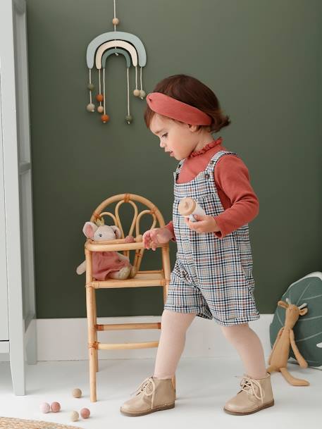 Chequered Dungaree Shorts, Rib Knit Top & Matching Headband Outfit for Babies old rose - vertbaudet enfant 