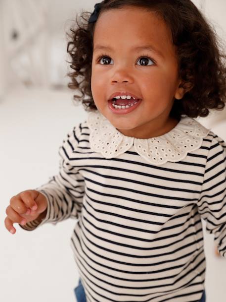 T-shirt bébé col brodé manches longues beige clair+rayé marine+rayé rouge - vertbaudet enfant 