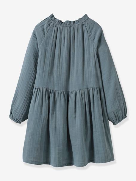 Cotton Gauze Dress for Girls, by CYRILLUS almond green+grey - vertbaudet enfant 