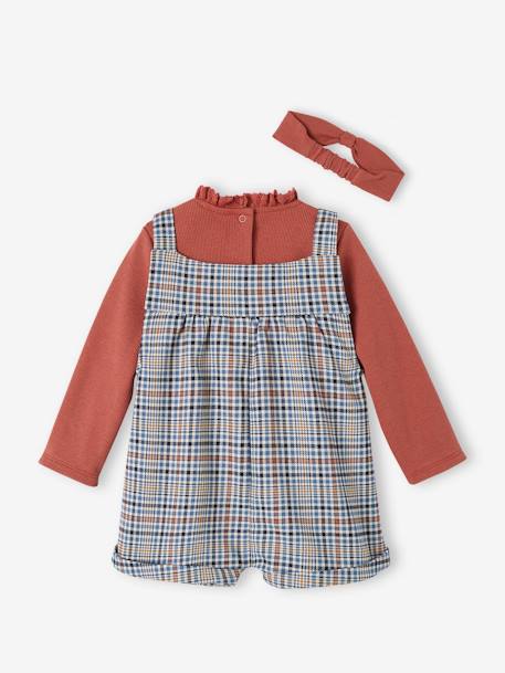 Chequered Dungaree Shorts, Rib Knit Top & Matching Headband Outfit for Babies old rose - vertbaudet enfant 