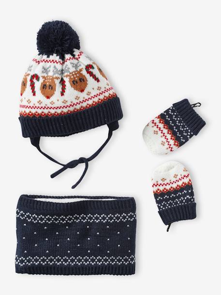 Christmas Gift Box: Reindeer Beanie + Snood + Mittens Set for Baby Boys navy blue - vertbaudet enfant 