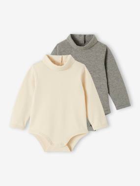 Baby-T-shirts & Roll Neck T-Shirts-Pack of 2 Bodysuits with Polo Neck for Babies