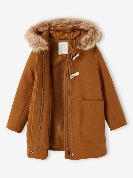 Duffle-coat à capuche fille drap de laine blush+camel+vert de gris - vertbaudet enfant 