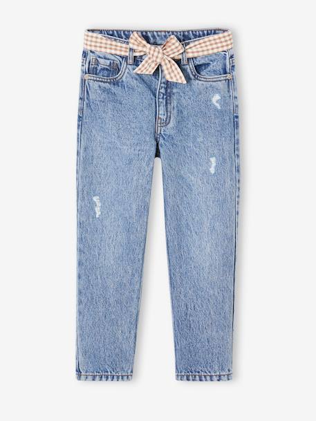 Straight Leg Waterless Jeans with Gingham Tie Belt for Girls stone - vertbaudet enfant 
