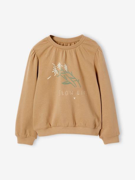 Floral Romantic Sweatshirt, Flatlock Details, for Girls taupe - vertbaudet enfant 