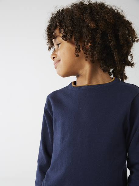Fine Knit Colour Jumper for Boys BEIGE LIGHT MIXED COLOR+BLUE DARK SOLID WITH DESIGN - vertbaudet enfant 