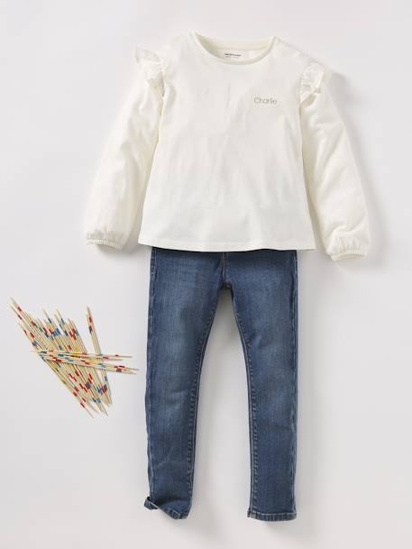 Tee-shirt blouse fille manches longues à volant personnalisable écru+rose - vertbaudet enfant 