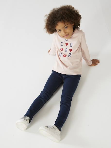 Long Sleeve Top with Iridescent Message for Girls BLUE BRIGHT SOLID WITH DESIGN+PINK DARK SOLID WITH DESIGN - vertbaudet enfant 
