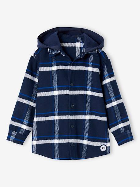 Hooded Flannel Shirt with Large Checks for Boys navy blue - vertbaudet enfant 