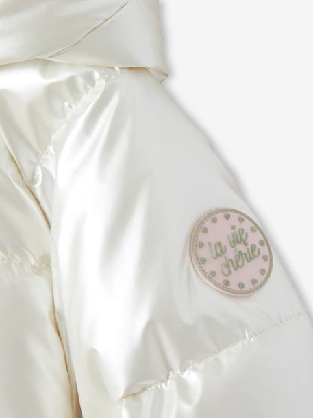Padded Jacket with Pearl-Effect Hood & Polar Fleece Lining, for Girls ecru+fir green - vertbaudet enfant 
