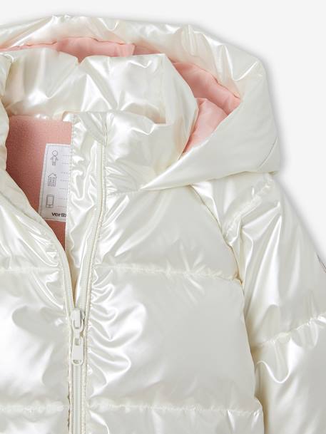 Padded Jacket with Pearl-Effect Hood & Polar Fleece Lining, for Girls ecru+fir green - vertbaudet enfant 
