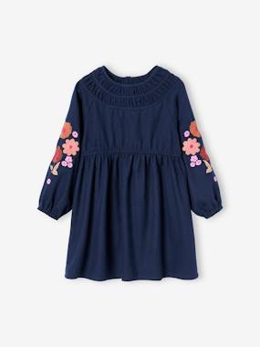 -Long Sleeve Dress with Embroidered Flowers for Girls
