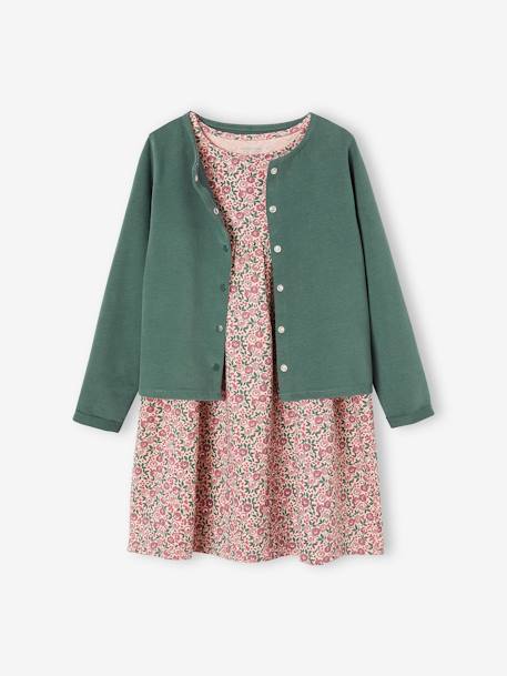 Dress & Jacket Outfit with Floral Print for Girls Dark Blue/Print+rosy - vertbaudet enfant 