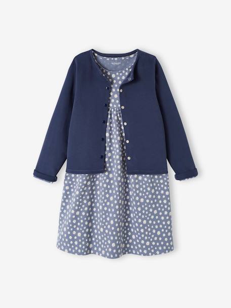 Dress & Jacket Outfit with Floral Print for Girls Dark Blue/Print+grey blue+rosy - vertbaudet enfant 