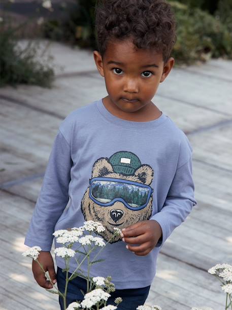 T-shirt animation fantaisie garçon en coton recyclé bleu grisé+noix de pécan - vertbaudet enfant 