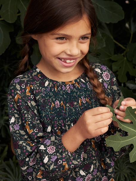 Robe à smocks motifs forêt enchantée fille vert imprimé - vertbaudet enfant 