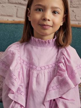 -Plumetis Blouse with Maxi Embroidered Ruffles for Girls