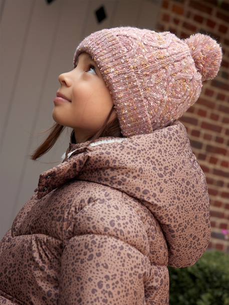 Cable-Knit Beanie + Snood + Mittens/Fingerless Mitts for Girls mauve - vertbaudet enfant 