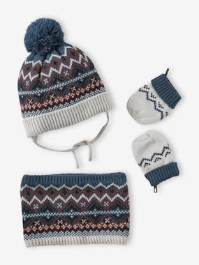 Baby-Jacquard Knit Beanie + Snood + Mittens Set for Baby Boys