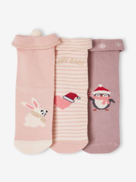 Coffret de Noël 3 paires de chaussettes bébé fille - vieux rose, Bébé