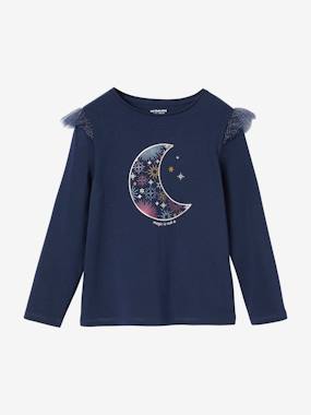 Fille-T-shirt, sous-pull-T-shirt-Tee-shirt de Noël motif lune irisé fille volants pailletés
